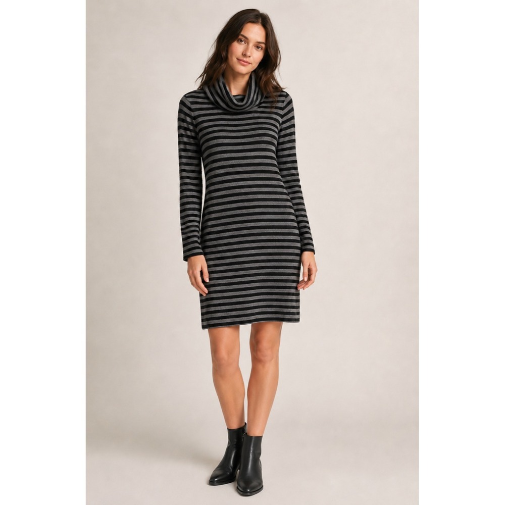 Cremieux Turtleneck Sweater Dress Womens Medium Gray Black Stripe Wool Angora